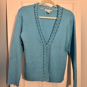 Vintage Casual Corner Sweater Womens 1-button Blue Cardigan Crochet Border Med.